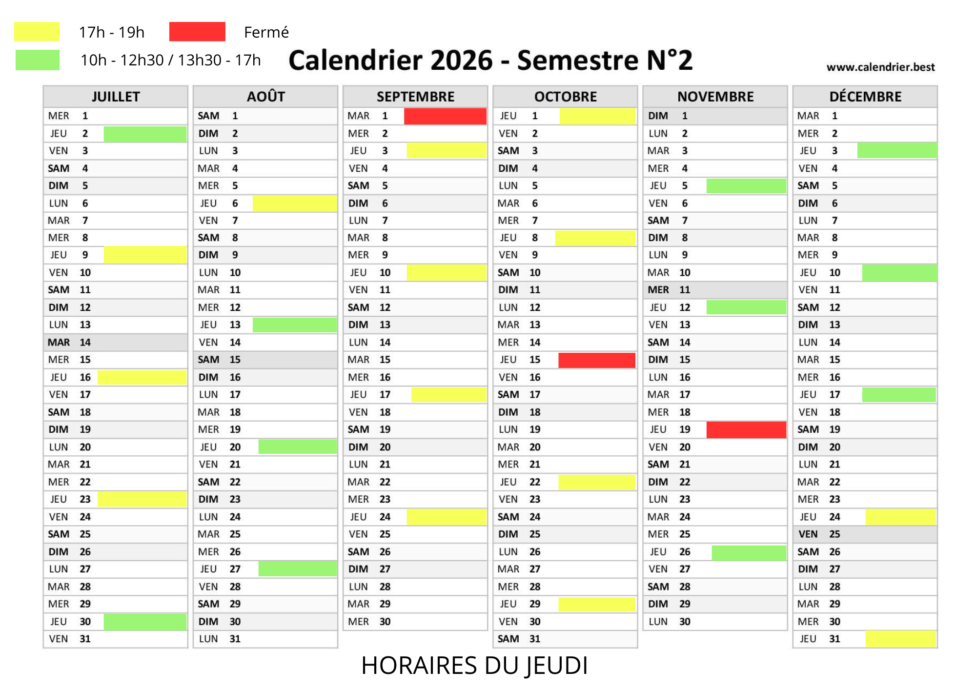 calendrier 2026